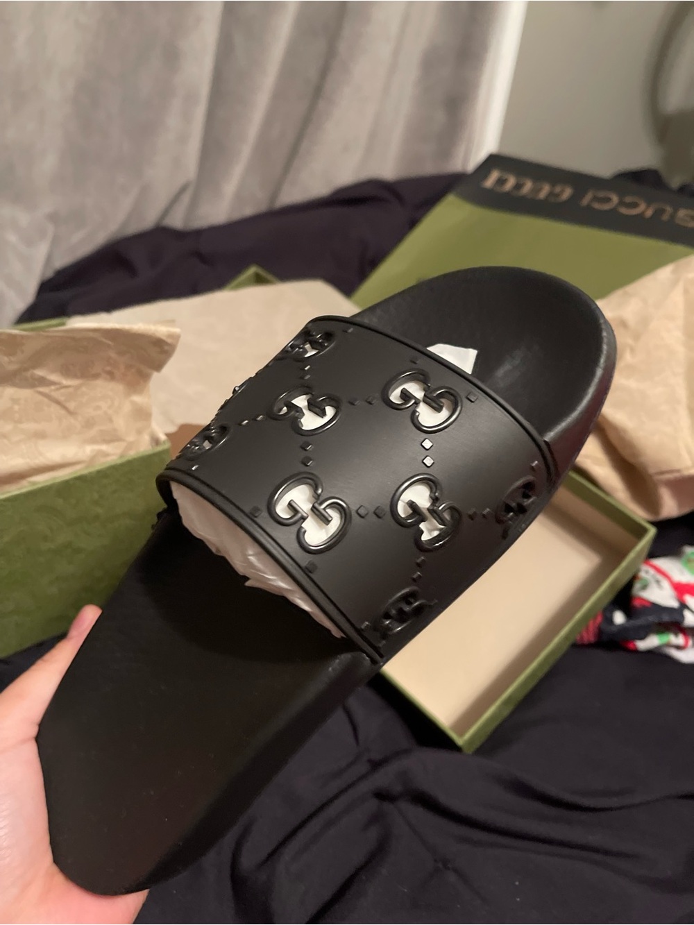 Gucci Black Rubber GG Slide Sandals
